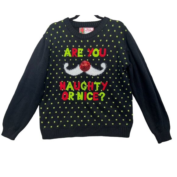 Ugly Christmas Sweater "Are You Naughty Or Nice?"  Sweater Medium Black & Green - Picture 1 of 8